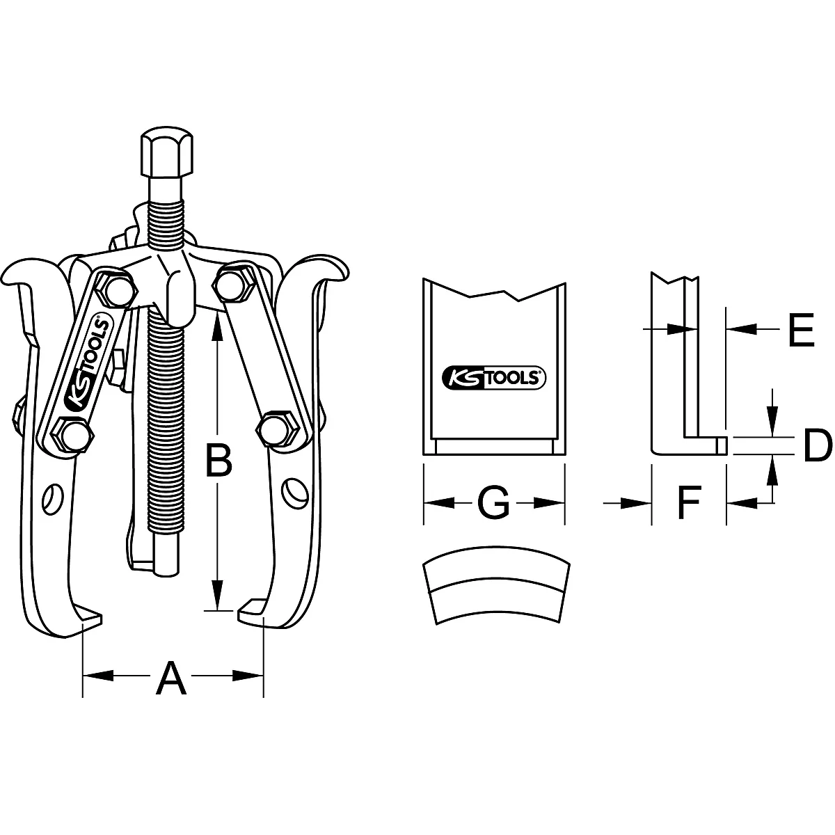 Dreifach-Abzieher für Werkzeuge, mit Maßangaben und Logos.